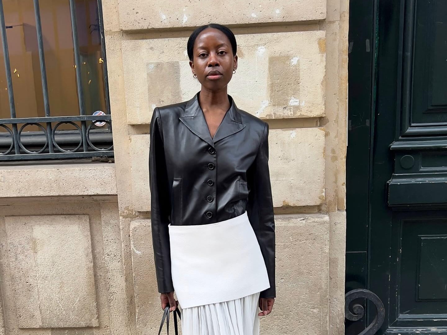Black Leather Blazer with White Top and Texture — Trendy Black Blazer Outfit