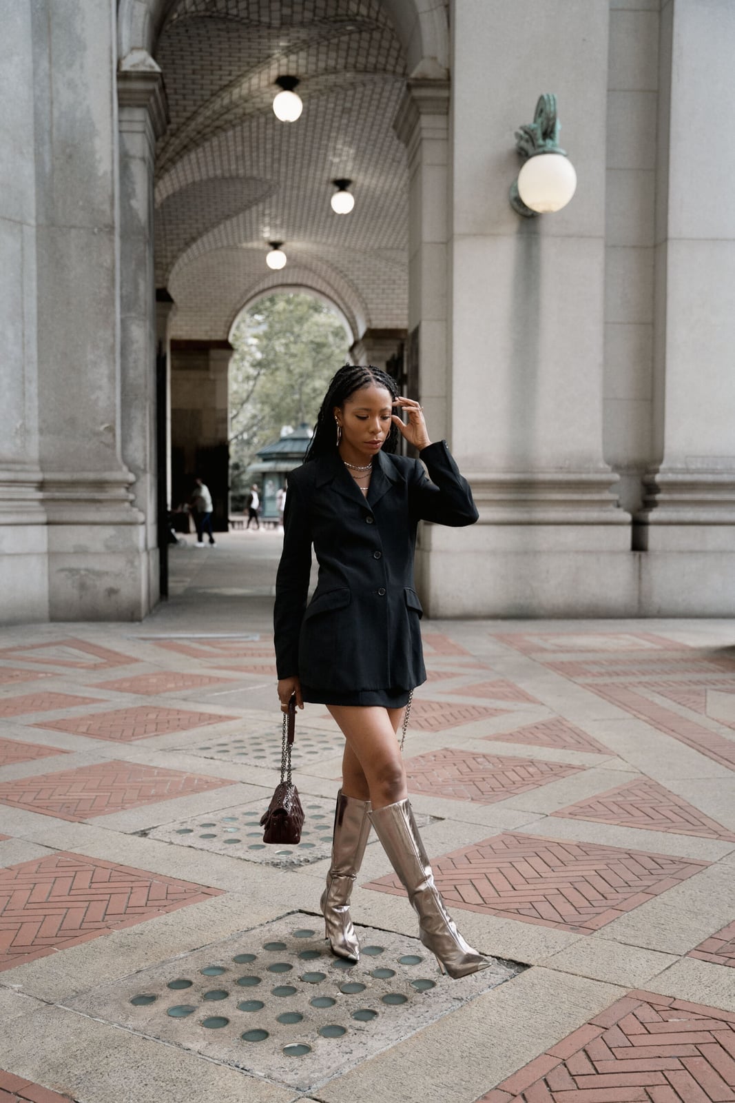 Black Blazer as a Dress with Metallic Boots — Trendy Black Blazer Outfit