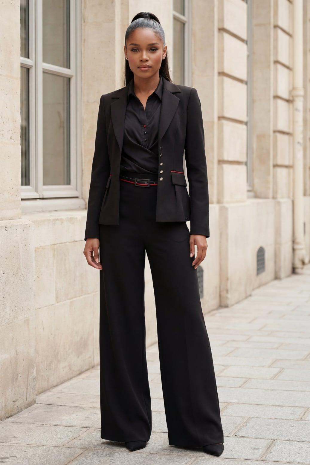 Monochromatic Black Blazer Suit with Red Belt Accent — Trendy Black Blazer Outfit