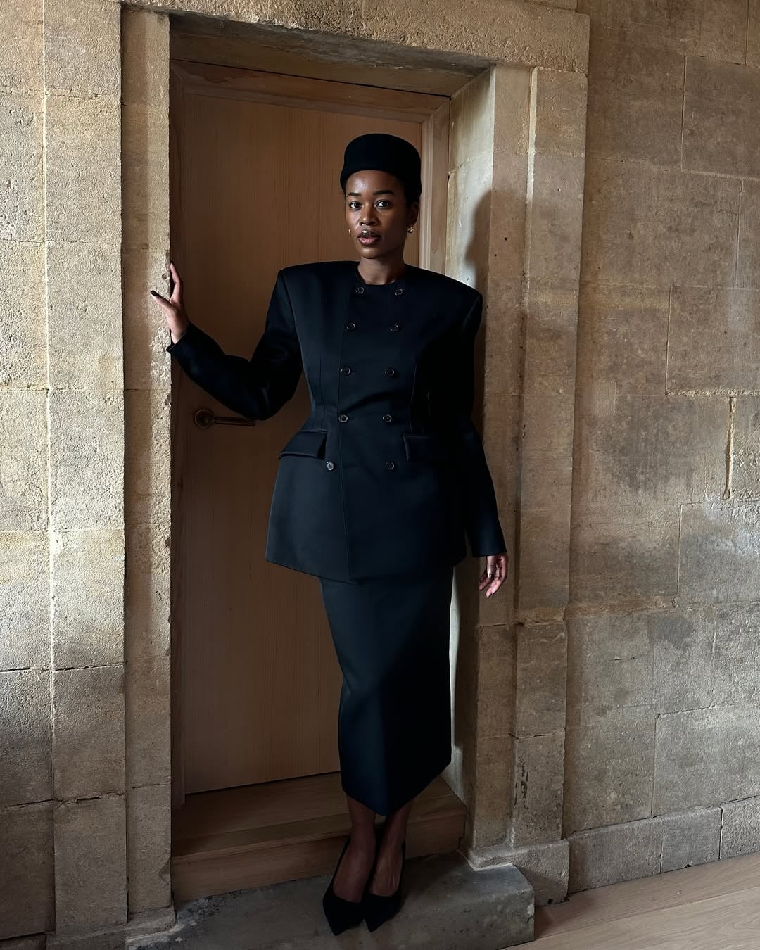 Black Double-Breasted Blazer Suit with Cap — Trendy Black Blazer Outfit