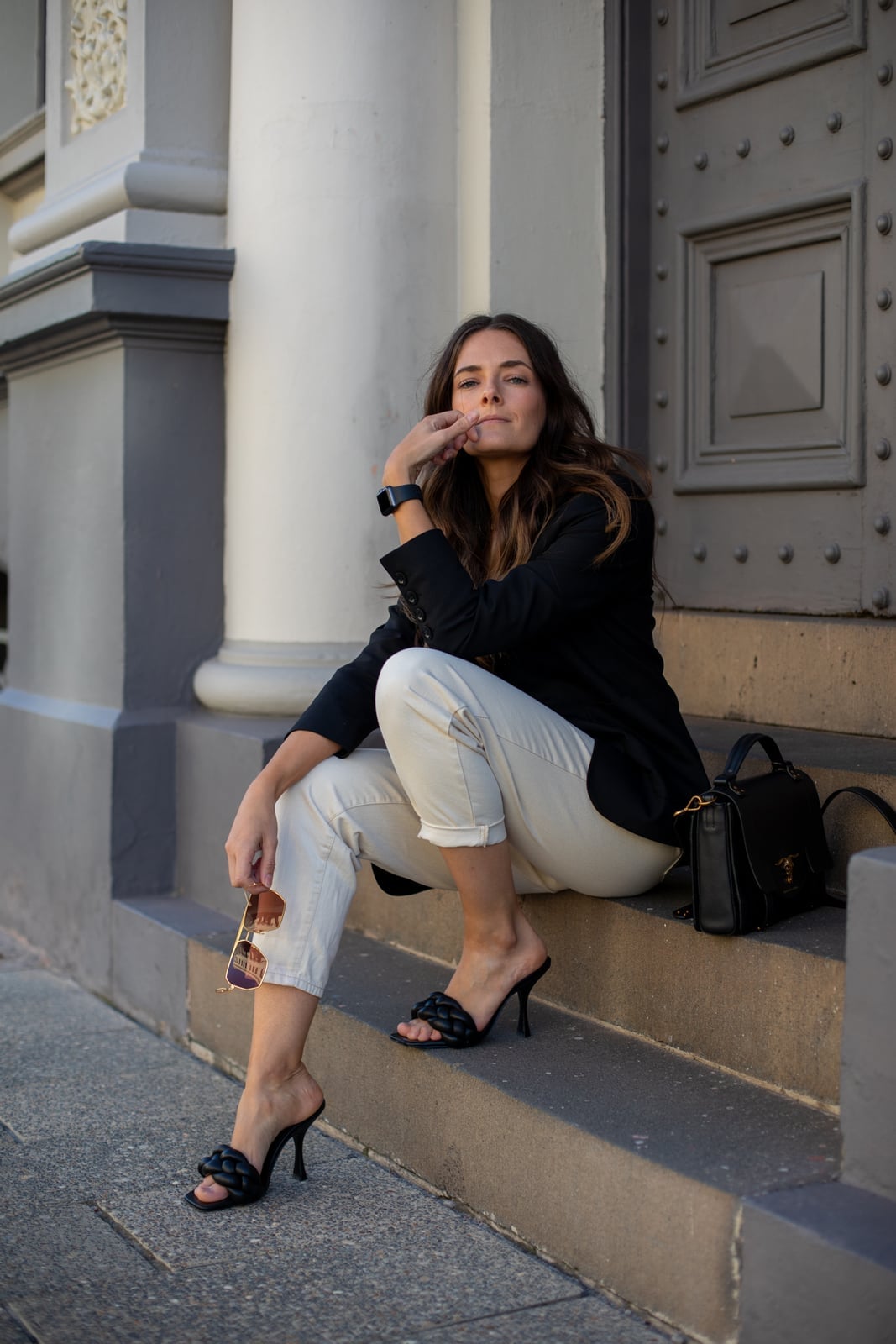 Black Blazer with Cream Separates and Heeled Mules — Trendy Black Blazer Outfit