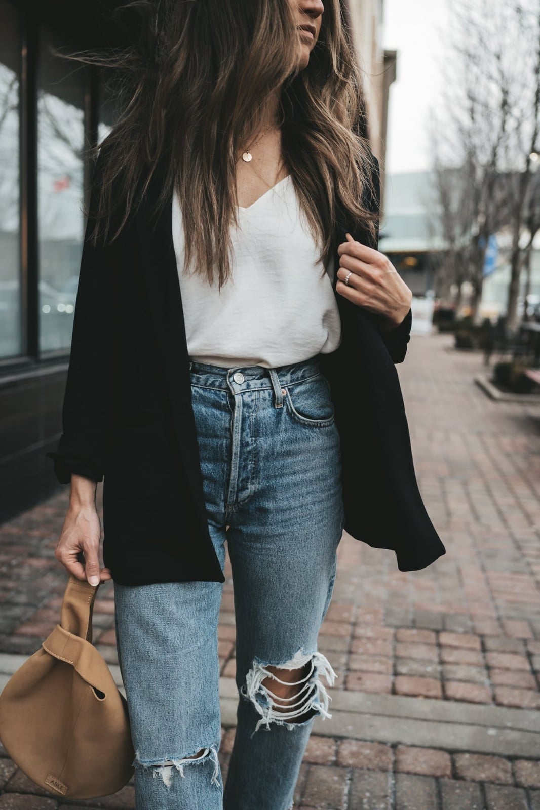 Relaxed Black Blazer with Jeans and Camisole — Trendy Black Blazer Outfit