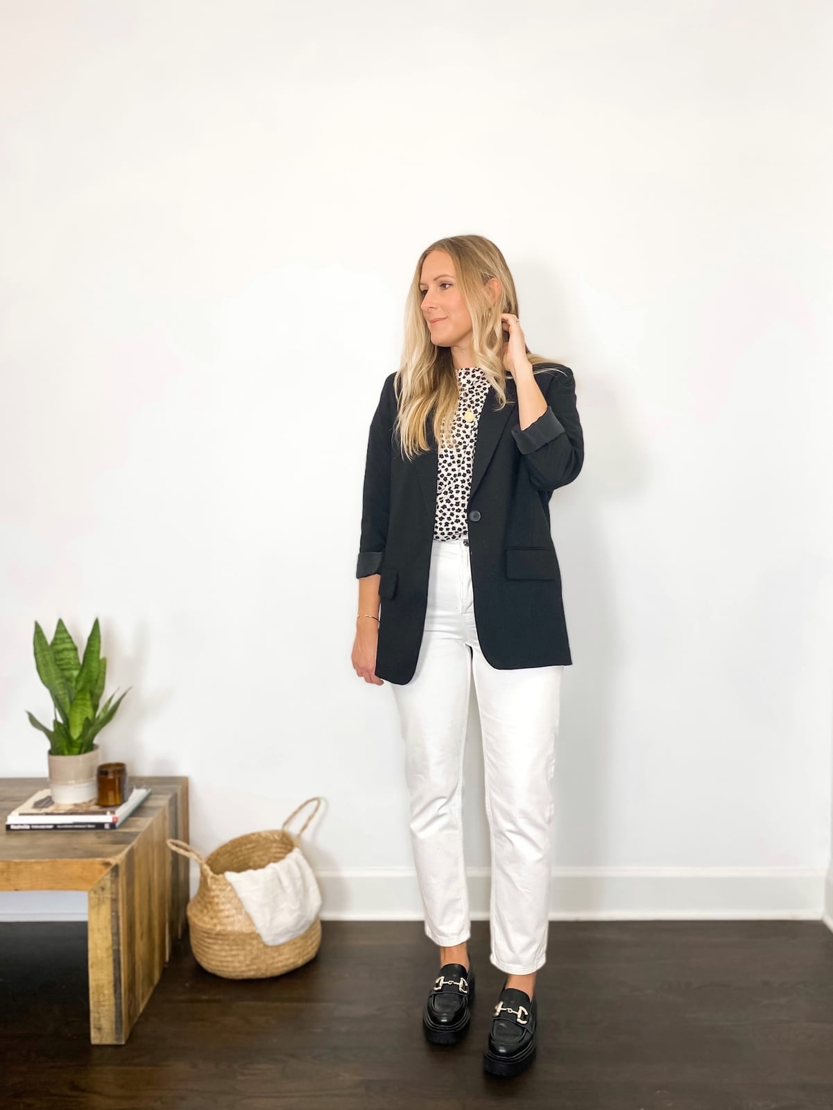 Black Blazer with Animal Print Top and Loafers — Trendy Black Blazer Outfit