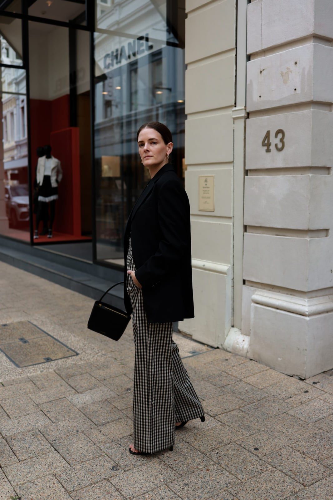 Oversized Black Blazer with Gingham Trousers — Trendy Black Blazer Outfit
