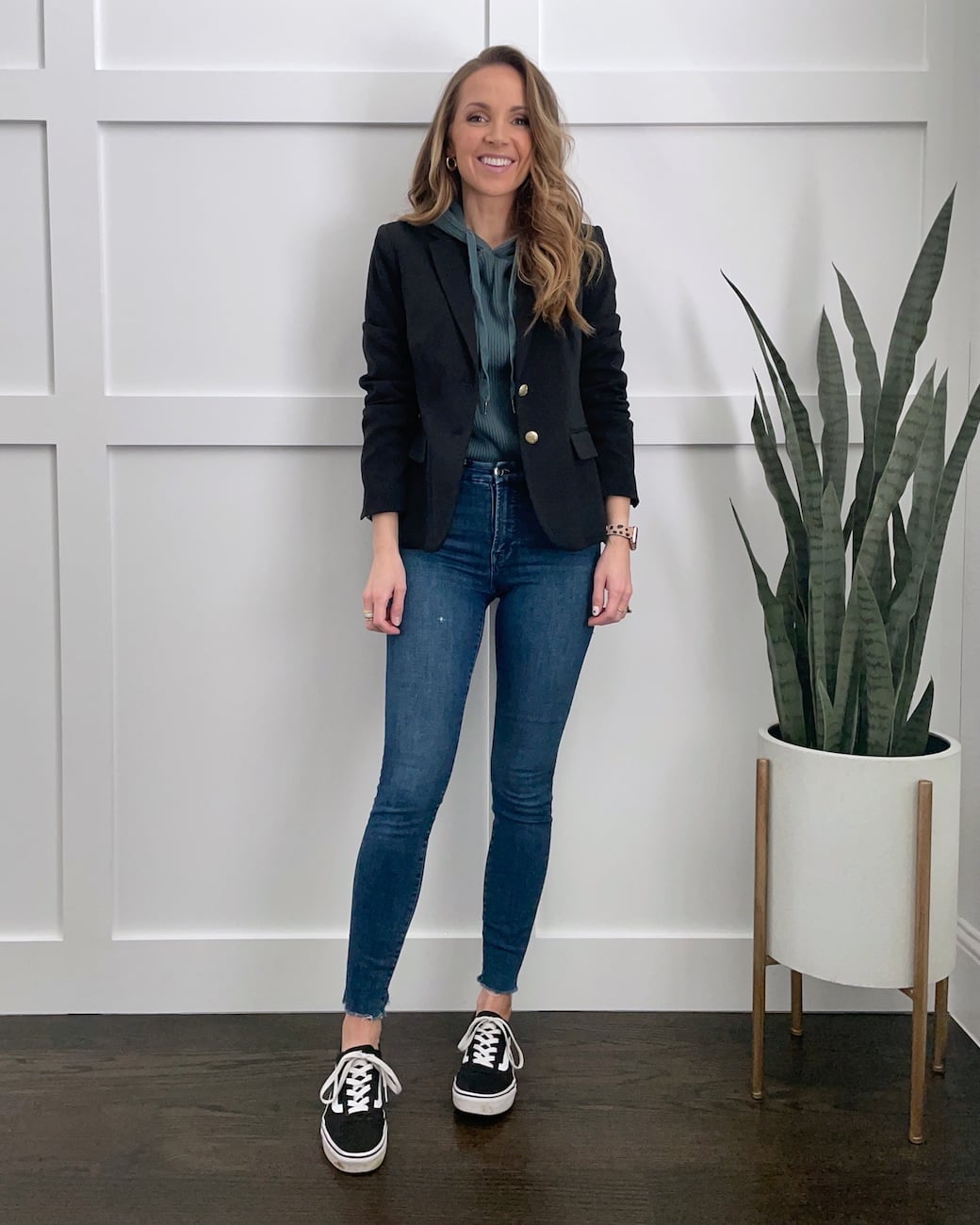 Fitted Black Blazer Over Hoodie and Ribbed Top — Trendy Black Blazer Outfit