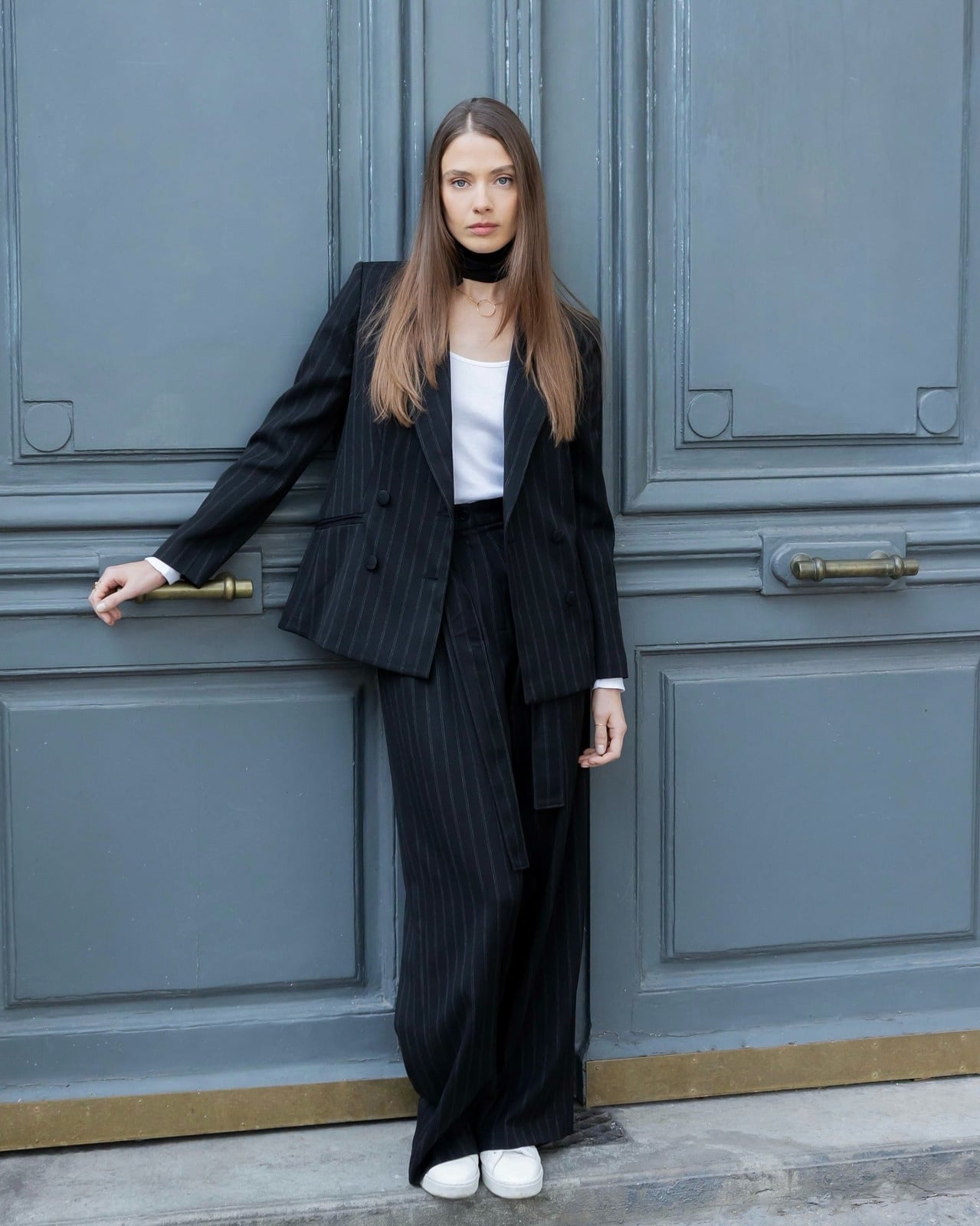 Pinstripe Black Blazer Suit with White Tank and Sneakers — Trendy Black Blazer Outfit