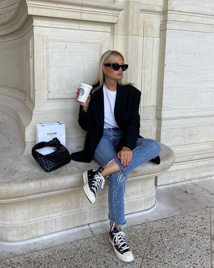 Casual Black Blazer with Jeans and High-Tops — Trendy Black Blazer Outfit