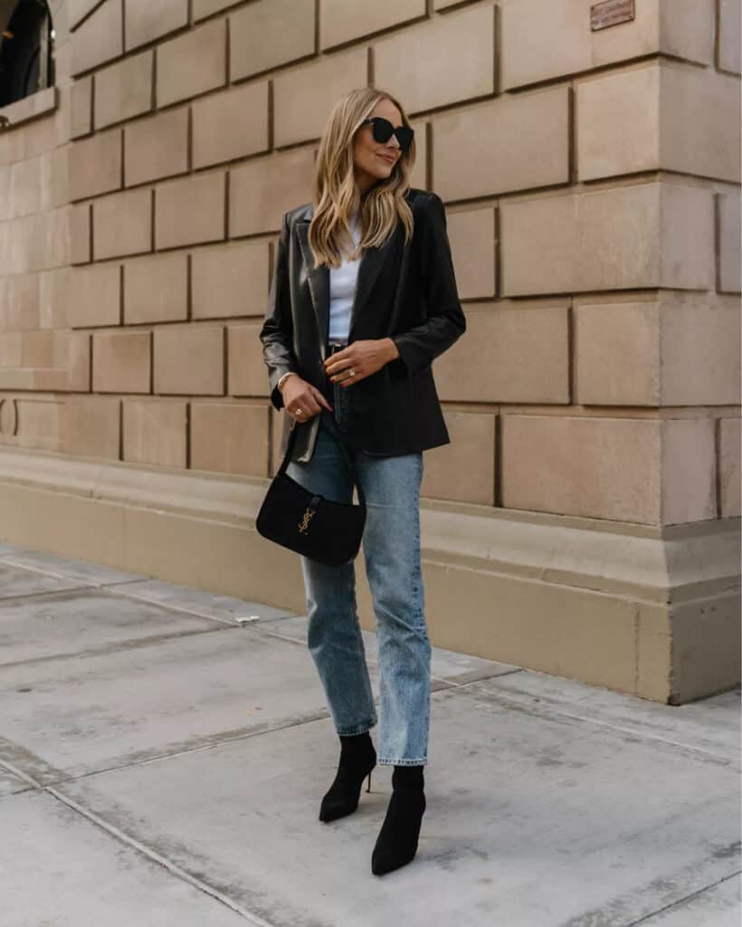 Leather Black Blazer with Jeans and Sock Boots — Trendy Black Blazer Outfit