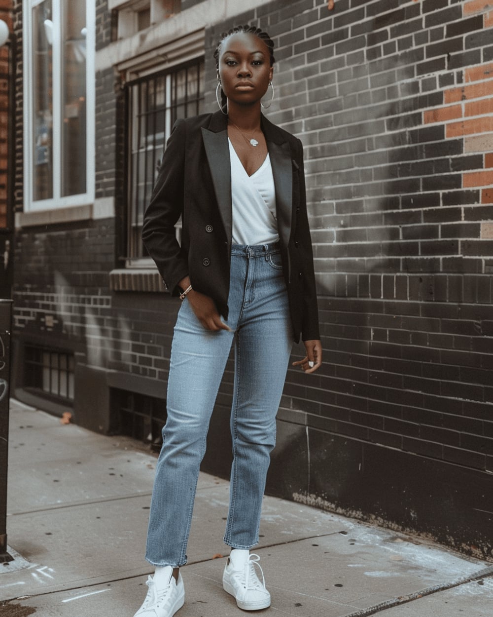 Black Double-Breasted Blazer with Jeans and Sneakers — Trendy Black Blazer Outfit