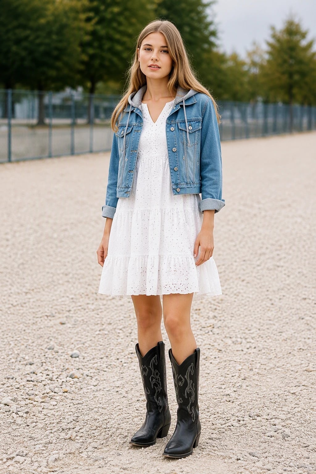Black Cowboy Boots with a White Eyelet Dress and Denim Jacket — Trendy Black Cowboy Boots Outfit