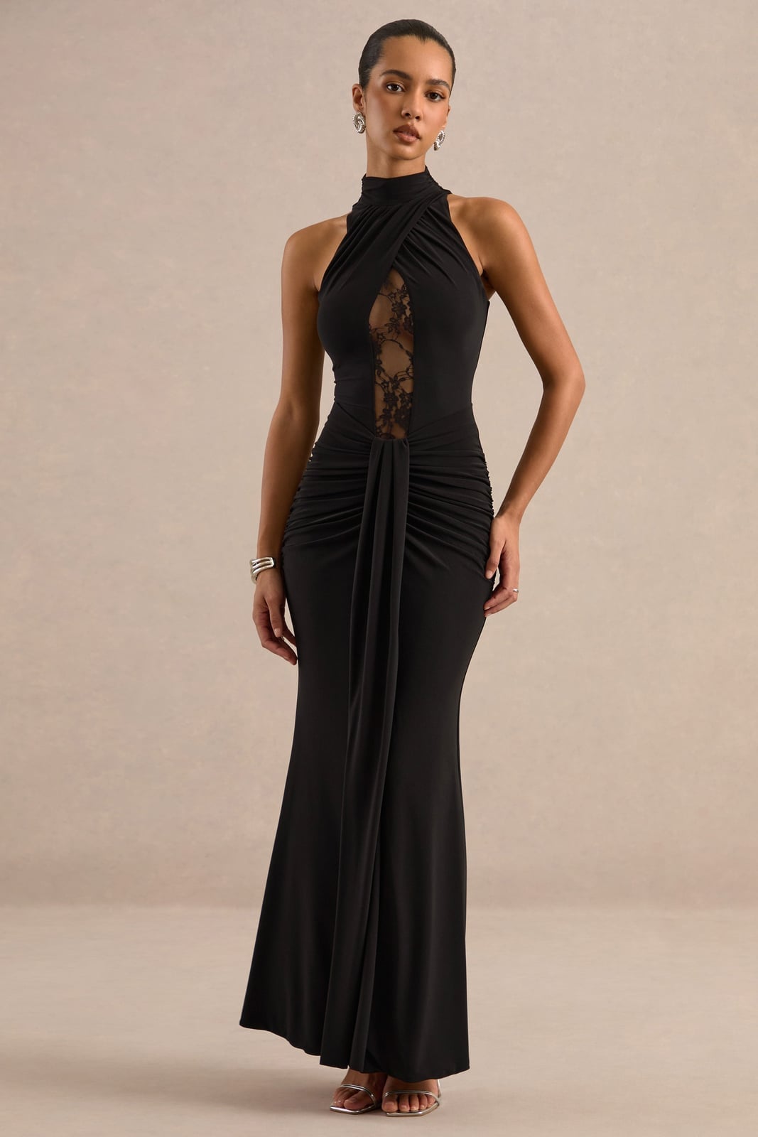Halter Neck Black Maxi Gown Lace Insert, Close-Up Take Halter Neck Black Maxi Gown Lace Insert, Close-Up Take — Trendy Black Dress Outfits