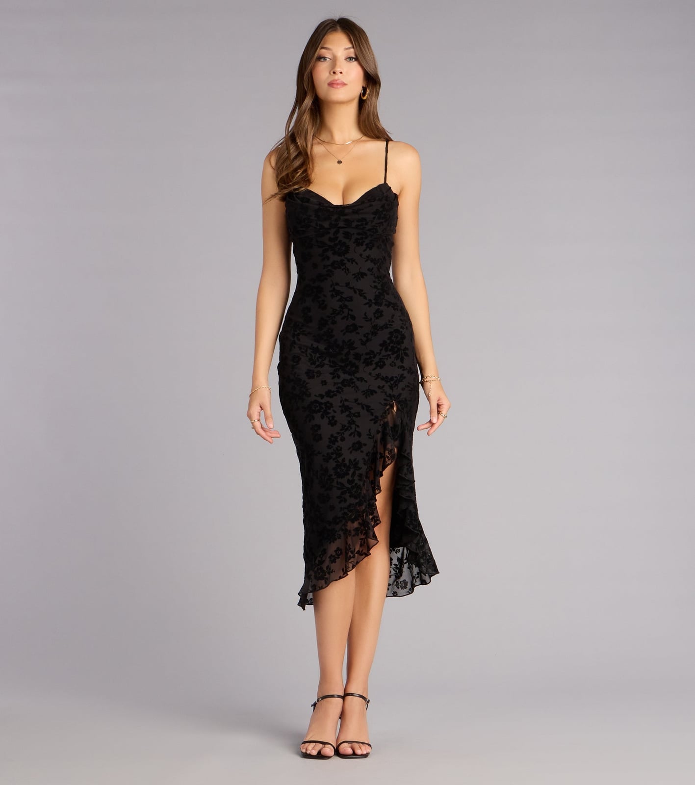 Textured Floral Black Midi Dress Cocktail Textured Floral Black Midi Dress Cocktail — Trendy Black Dress Outfits