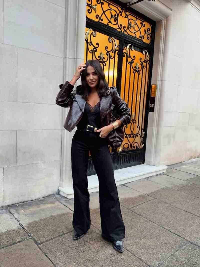 Black Lace Bodysuit with Black Flare Jeans and Leather Jacket Black Lace Bodysuit with Black Flare Jeans and Leather Jacket — Trendy Black Flare Jeans Outfit