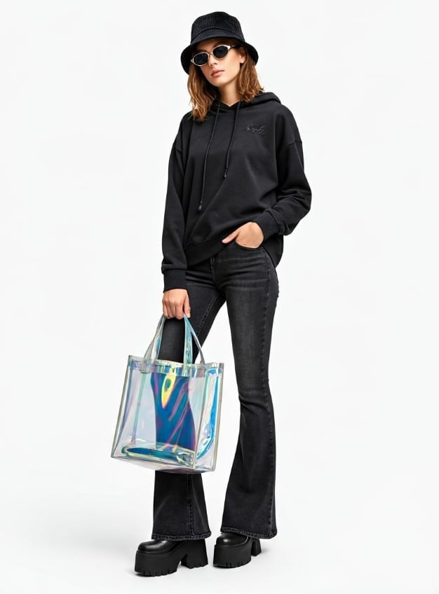 Black Flare Jeans with Hoodie and Platform Boots Black Flare Jeans with Hoodie and Platform Boots — Trendy Black Flare Jeans Outfit