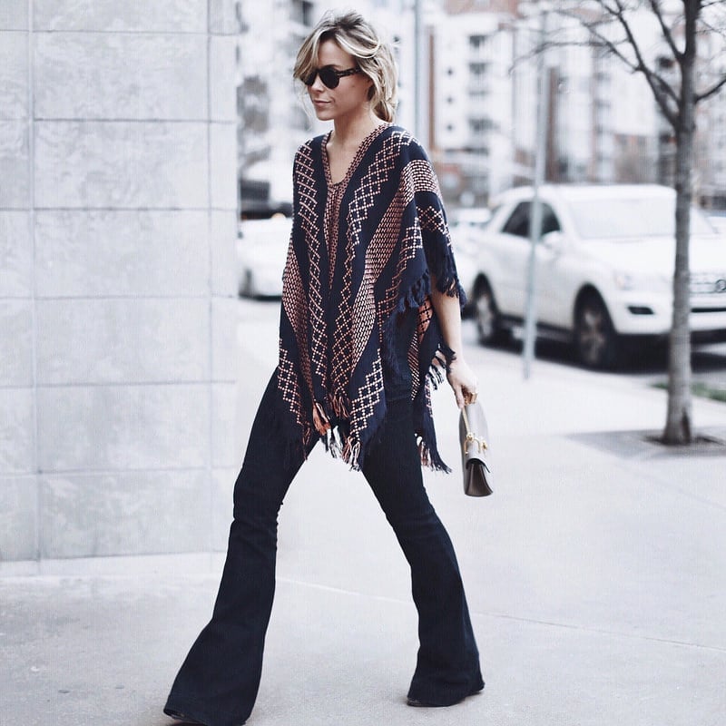Patterned Poncho with Black Flare Jeans Patterned Poncho with Black Flare Jeans — Trendy Black Flare Jeans Outfit