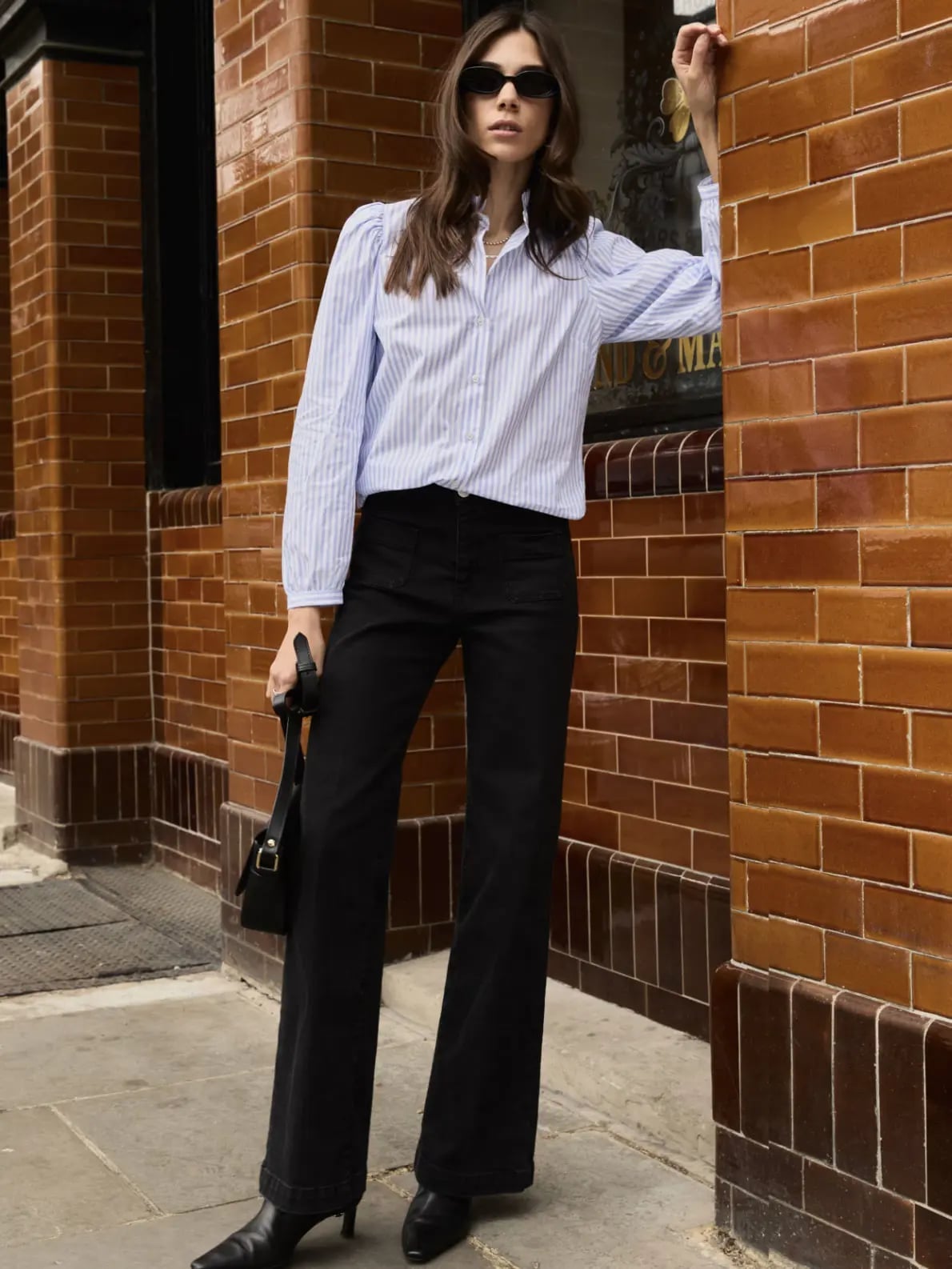 High-waisted Black Flare Jeans with a Striped Button-Up High-waisted Black Flare Jeans with a Striped Button-Up — Trendy Black Flare Jeans Outfit