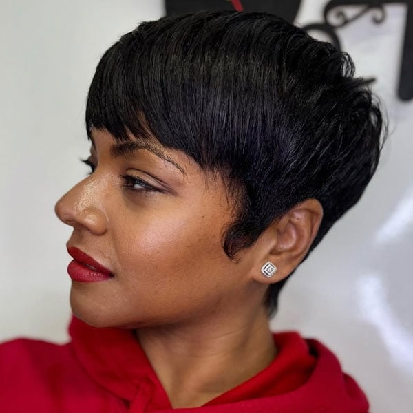 Textured Pixie Cut With Short Bangs — Trendy Black Hair