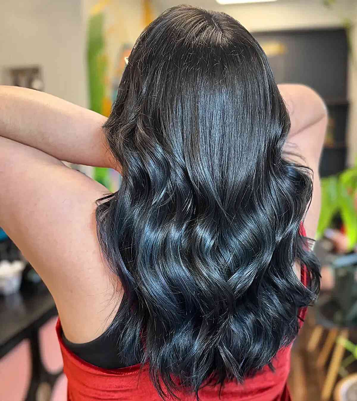Mid-Back Wavy Hair With Grey Highlights — Trendy Black Hair