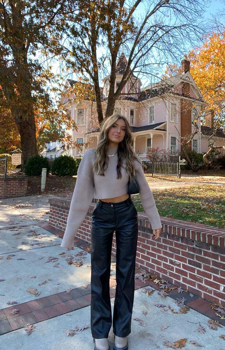 Black Wide Leg Leather Pants with Beige Knitwear Black Wide Leg Leather Pants with Beige Knitwear — Trendy Black Leather Pants Outfit