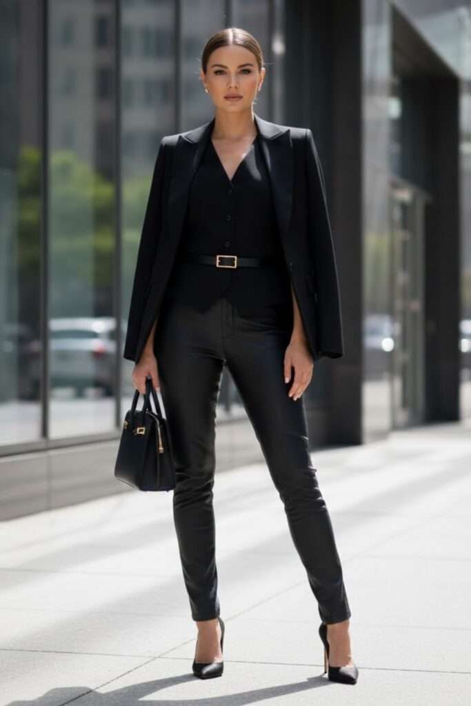 Fitted Leather Pants with Vest and Draped Blazer Fitted Leather Pants with Vest and Draped Blazer — Trendy Black Leather Pants Outfit