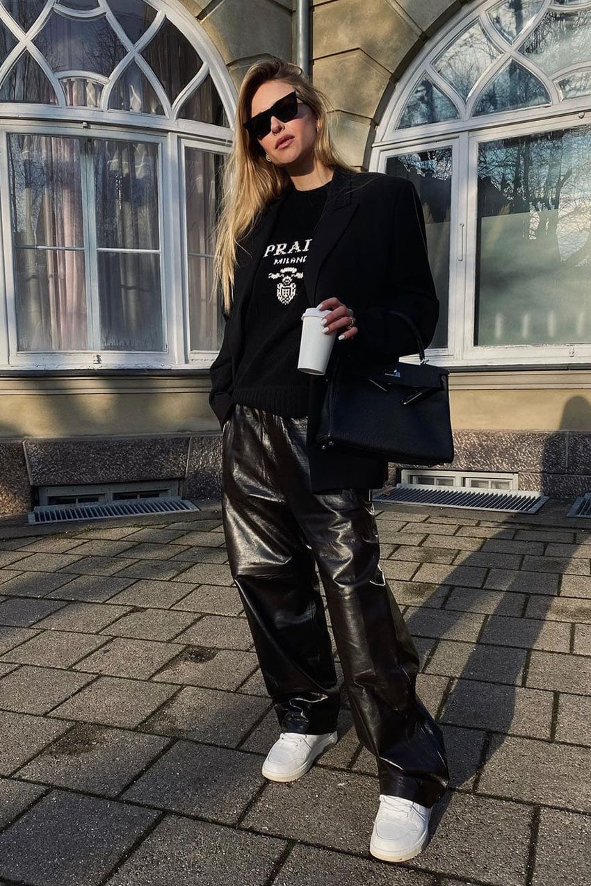 Wide Leg Leather Trousers with Oversized Blazer Wide Leg Leather Trousers with Oversized Blazer — Trendy Black Leather Pants Outfit