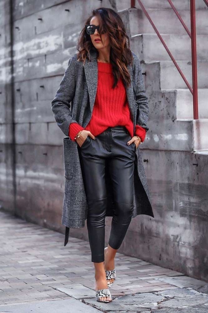 Fitted Leather Pants with Plaid Coat and Red Sweater Fitted Leather Pants with Plaid Coat and Red Sweater — Trendy Black Leather Pants Outfit