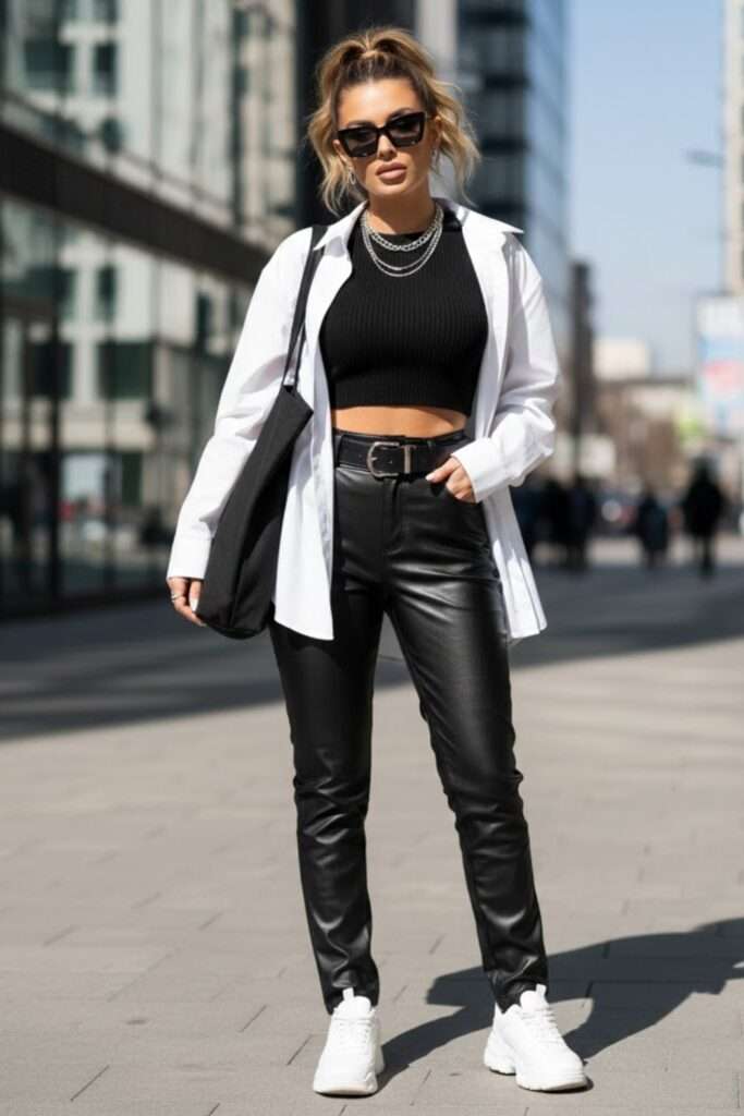 Fitted Leather Pants with Crop Top and Oversized Shirt Fitted Leather Pants with Crop Top and Oversized Shirt — Trendy Black Leather Pants Outfit