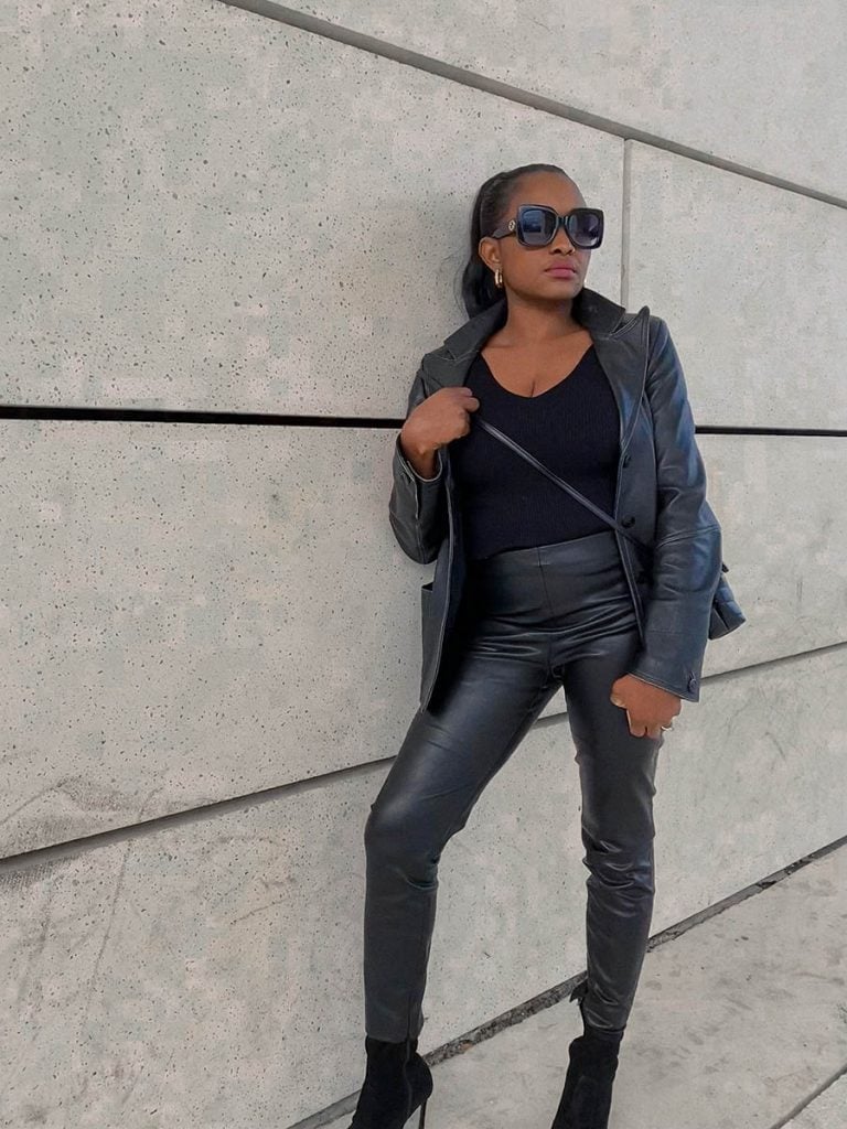 Fitted Faux Leather Pants with Leather Blazer Fitted Faux Leather Pants with Leather Blazer — Trendy Black Leather Pants Outfit