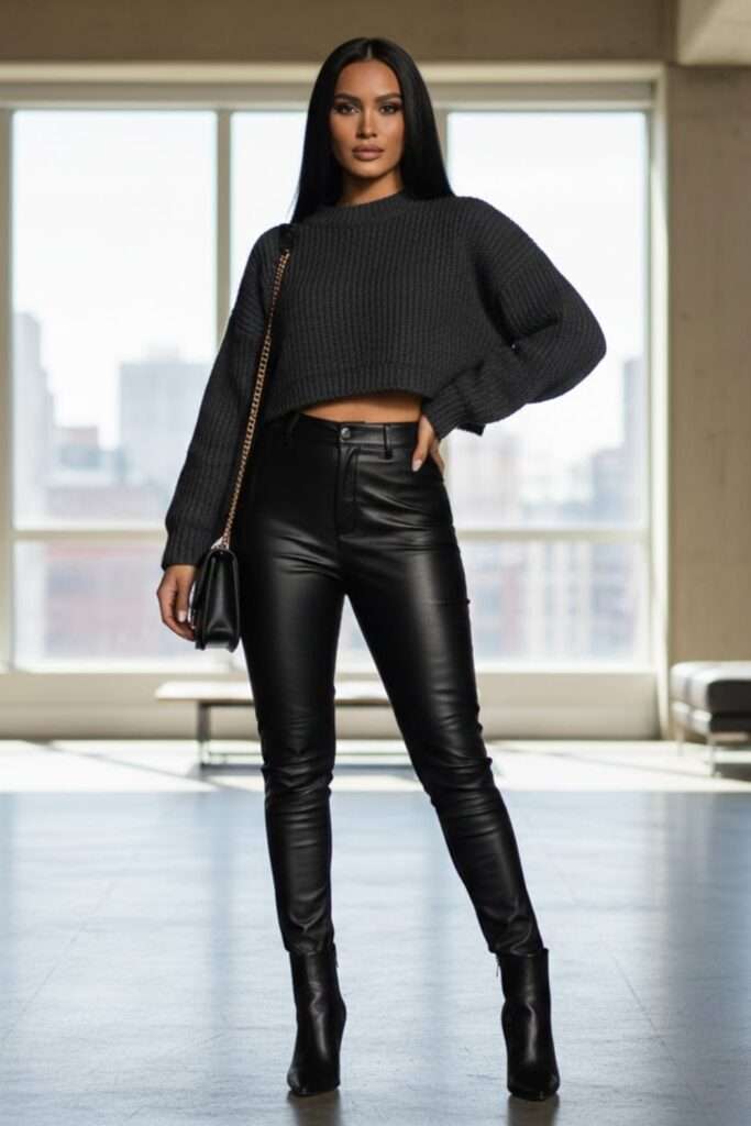 Skinny Faux Leather Pants with Crop Sweater Skinny Faux Leather Pants with Crop Sweater — Trendy Black Leather Pants Outfit