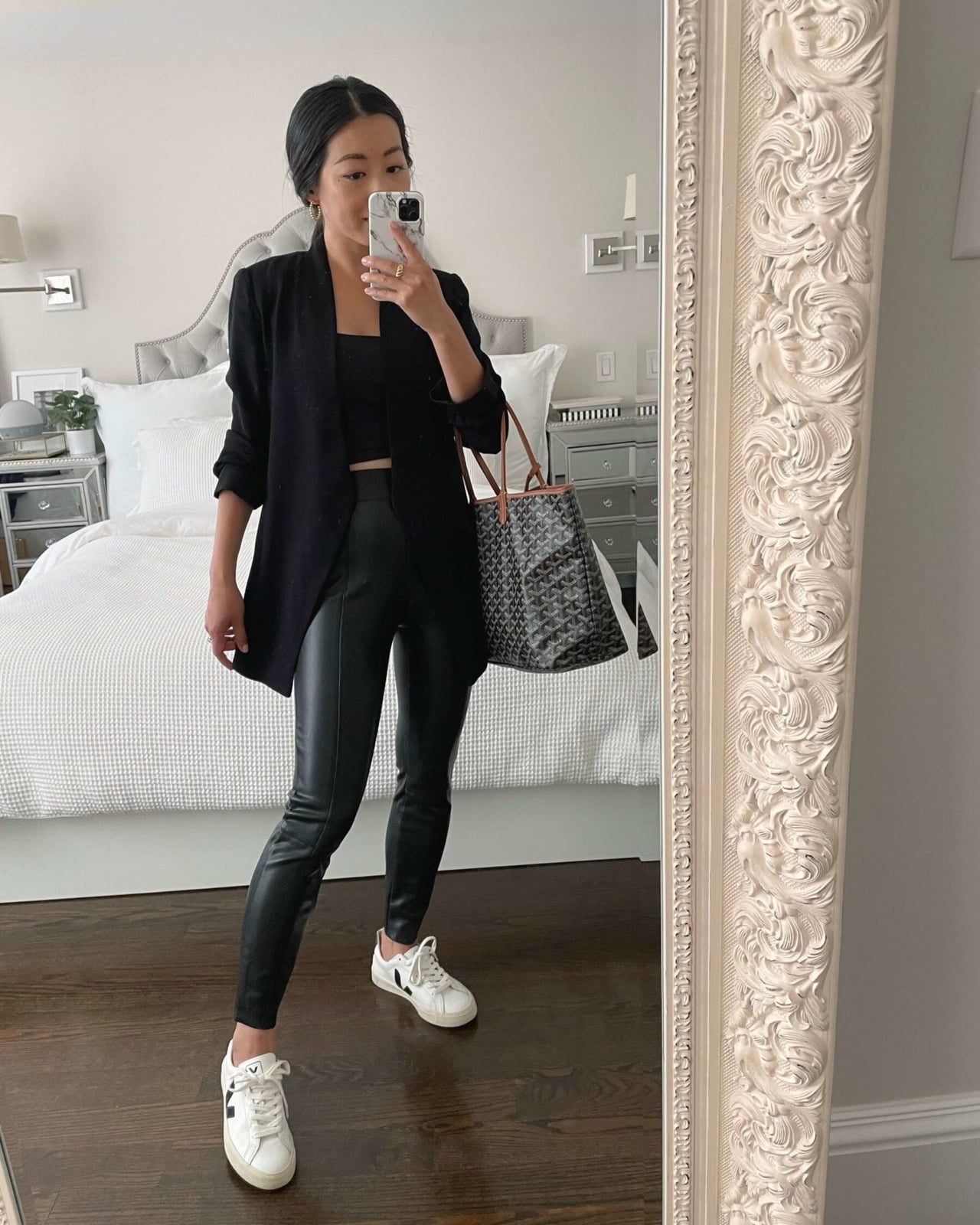 Black Faux Leather Leggings with Cropped Top and Blazer Black Faux Leather Leggings with Cropped Top and Blazer — Trendy Black Leather Pants Outfit