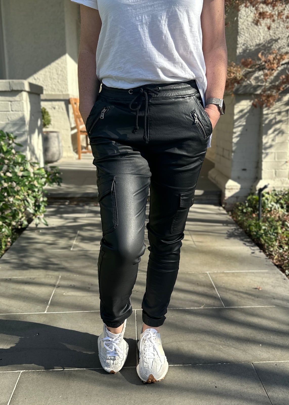 Cargo Faux Leather Pants with Drawstring Waist Cargo Faux Leather Pants with Drawstring Waist — Trendy Black Leather Pants Outfit