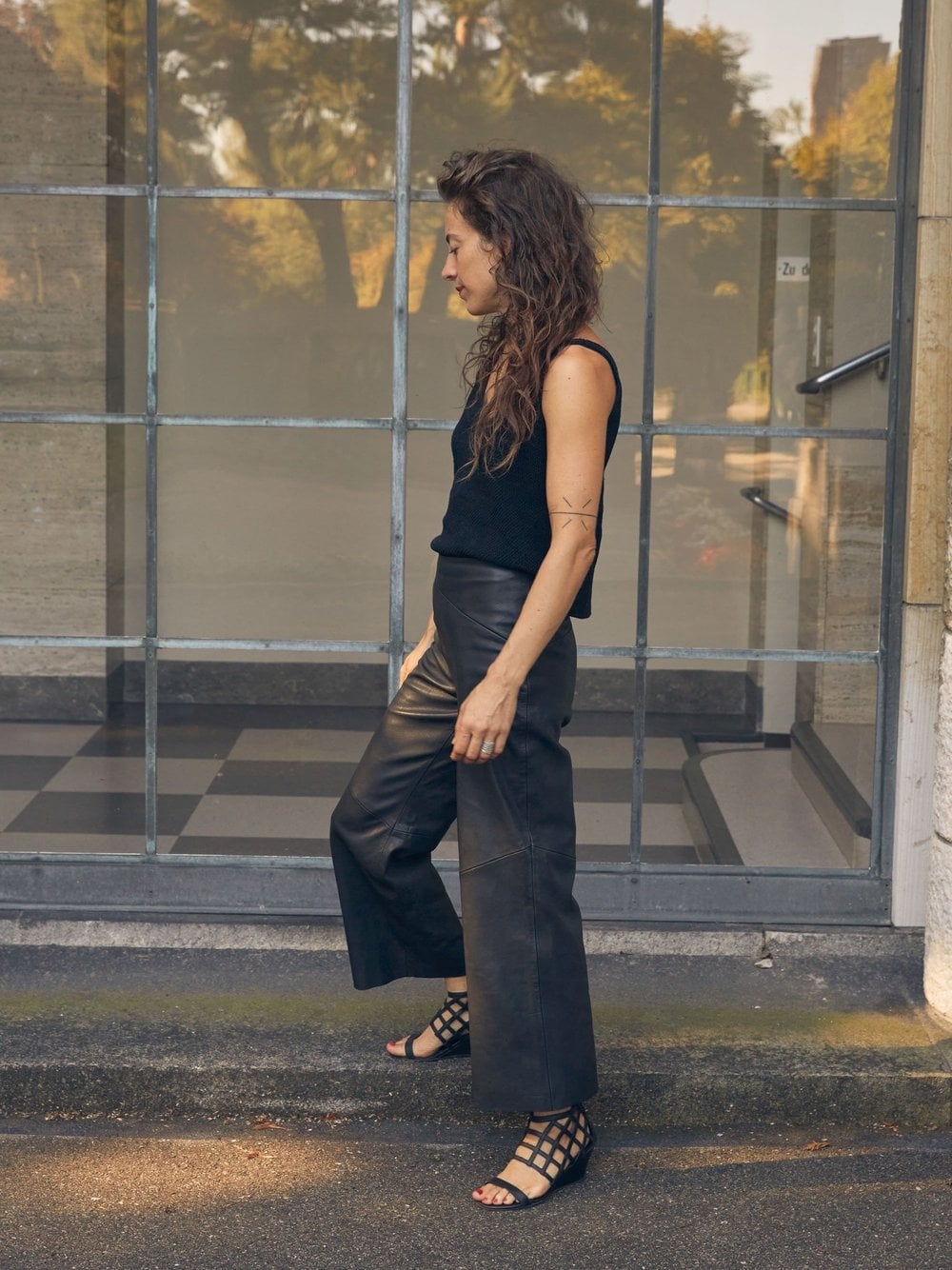 Wide Leg Culotte Leather Pants with Caged Sandals Wide Leg Culotte Leather Pants with Caged Sandals — Trendy Black Leather Pants Outfit