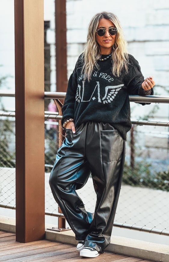 Glossy Wide Leg Faux Leather Pants with Graphic Sweater Glossy Wide Leg Faux Leather Pants with Graphic Sweater — Trendy Black Leather Pants Outfit