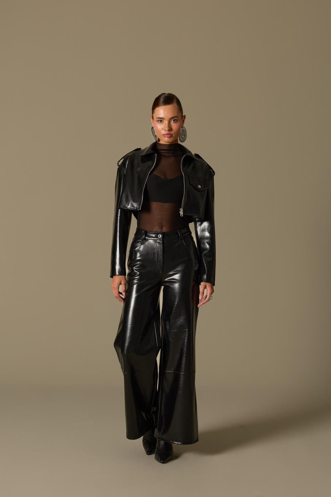 Sheer Top and Cropped Jacket with Glossy Wide Leg Leather Pants Sheer Top and Cropped Jacket with Glossy Wide Leg Leather Pants — Trendy Black Leather Pants Outfit