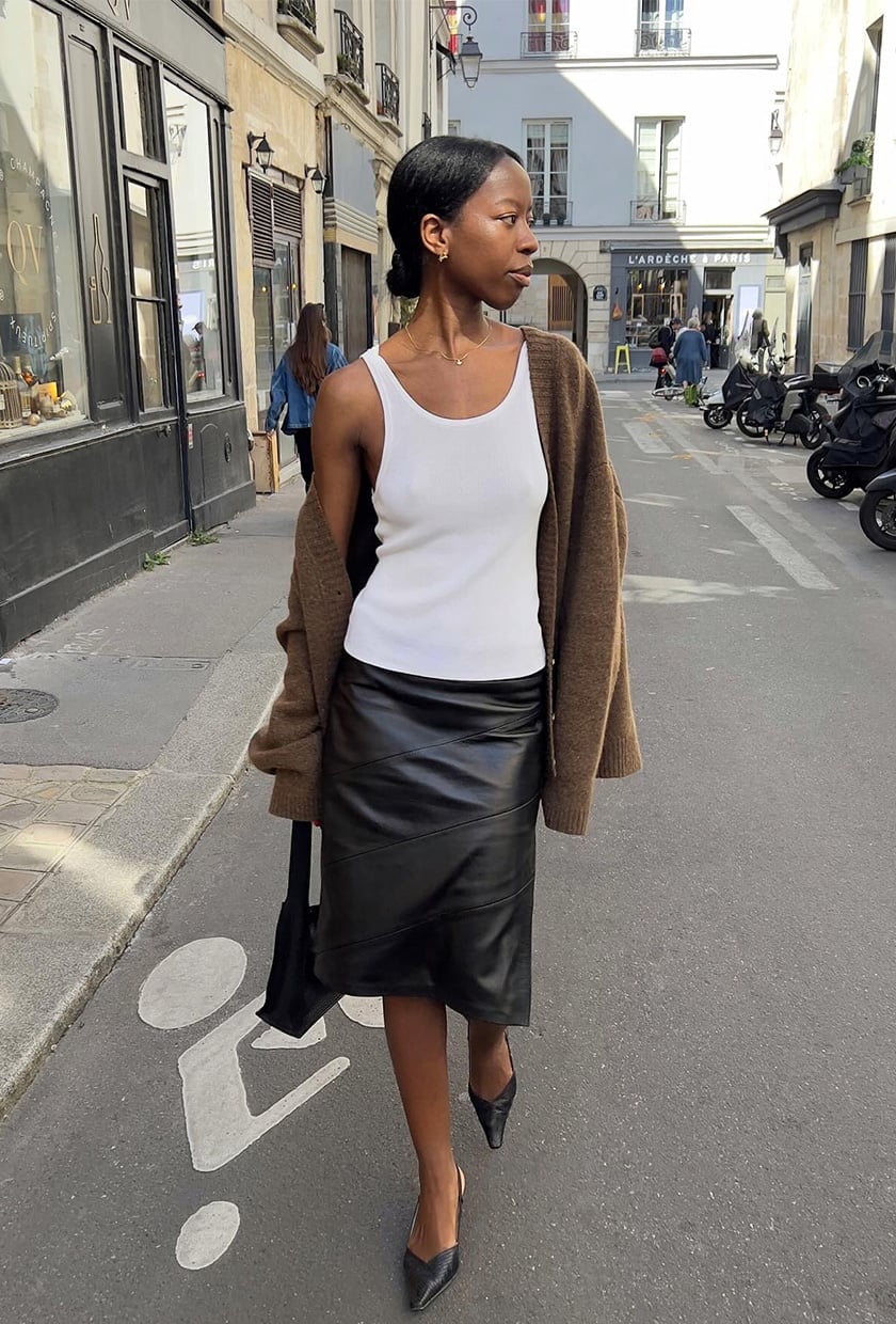 A-line Midi Skirt with Cardigan A-line Midi Skirt with Cardigan — Trendy Black Leather Skirt Outfit