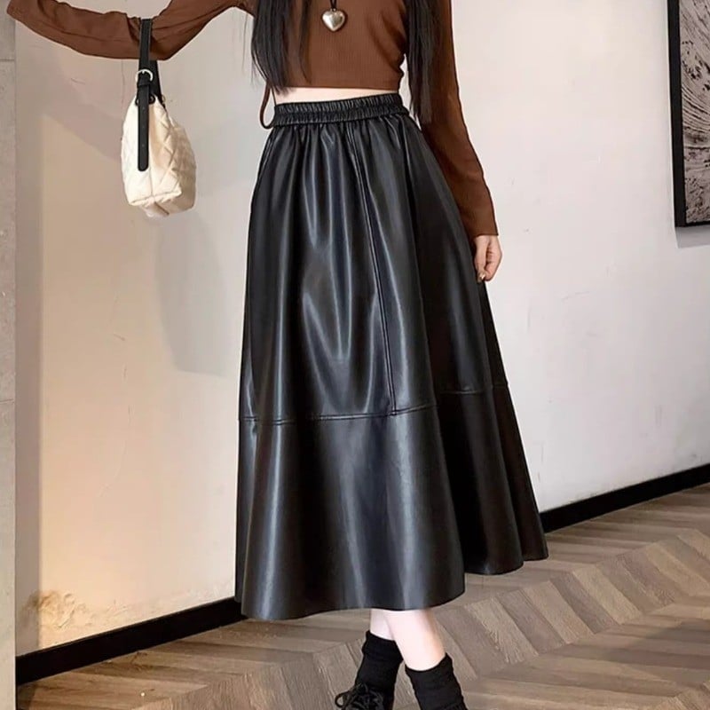 Paneled Faux Leather Skirt with Crop Top Paneled Faux Leather Skirt with Crop Top — Trendy Black Leather Skirt Outfit