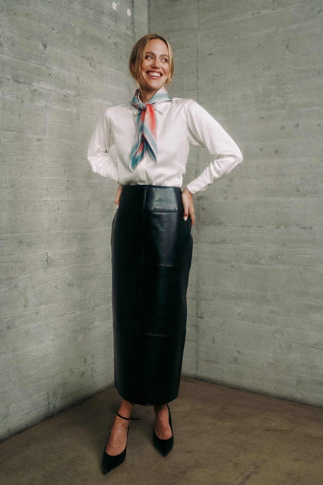 Leather Pencil Skirt with Silk Scarf Leather Pencil Skirt with Silk Scarf — Trendy Black Leather Skirt Outfit