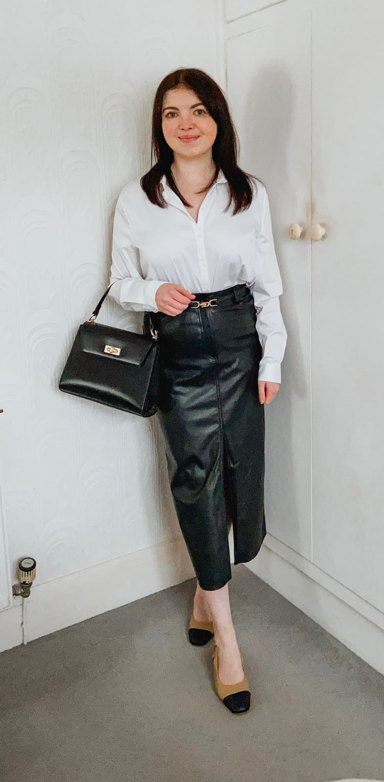 Midi Pencil Skirt with Buckle Detail Midi Pencil Skirt with Buckle Detail — Trendy Black Leather Skirt Outfit