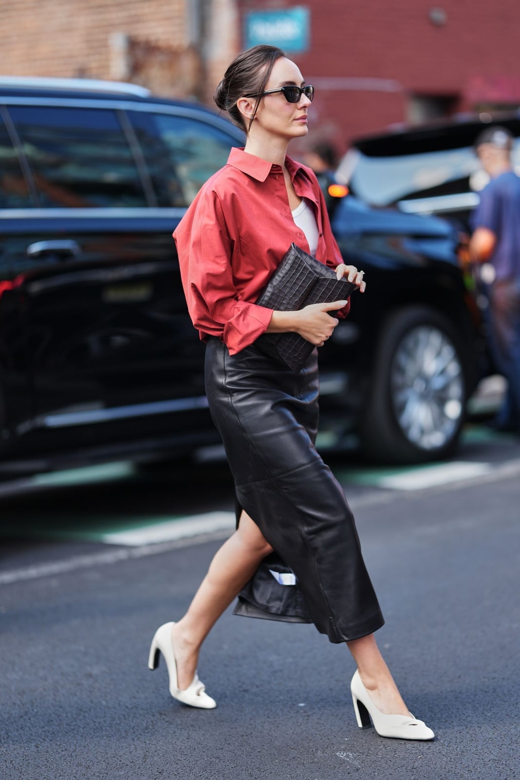 Leather Midi Skirt with Red Oversized Shirt Leather Midi Skirt with Red Oversized Shirt — Trendy Black Leather Skirt Outfit