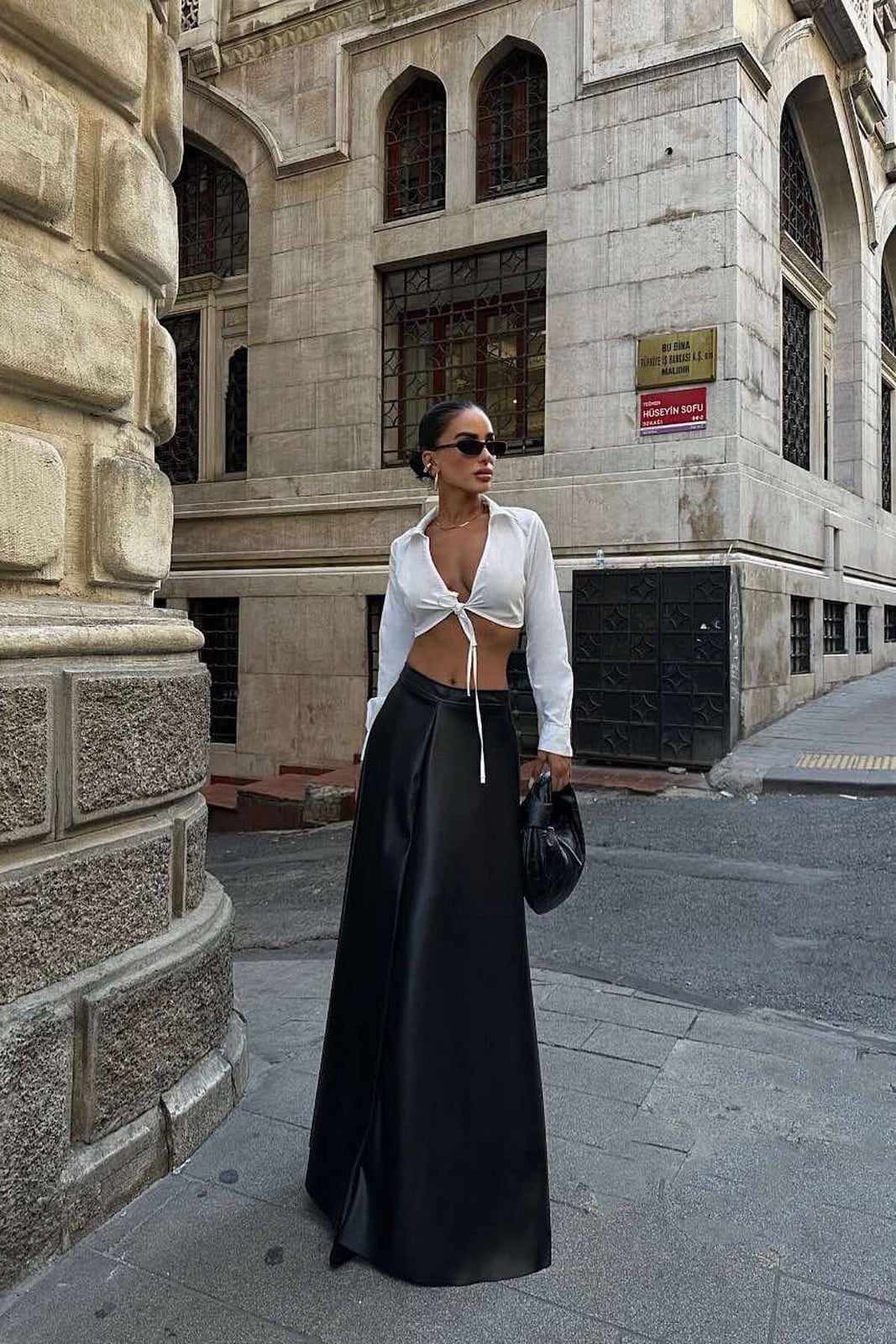 Leather Maxi Skirt with Tie-Front Blouse Leather Maxi Skirt with Tie-Front Blouse — Trendy Black Leather Skirt Outfit