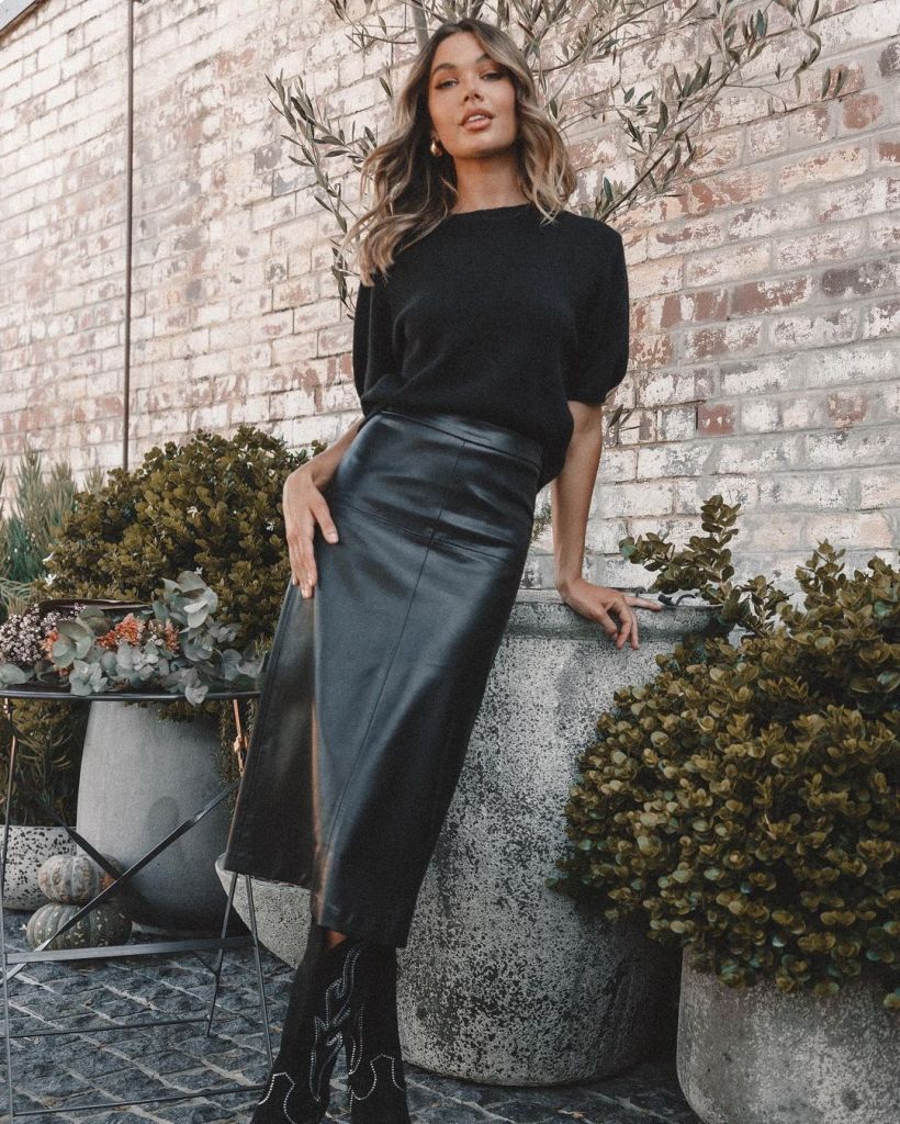 Leather Midi Skirt with Knit Top Leather Midi Skirt with Knit Top — Trendy Black Leather Skirt Outfit