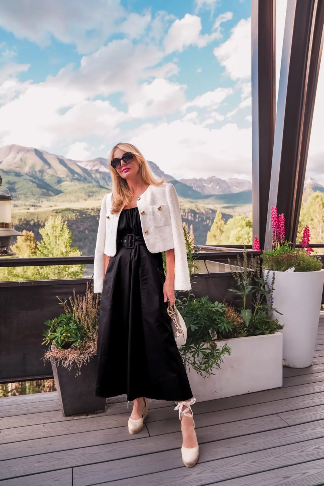 Black Midi Dress with a White Cropped Tweed Jacket — Trendy Black Outfits