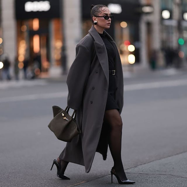 Elegant Black Mini Dress with a Long Grey Coat — Trendy Black Outfits