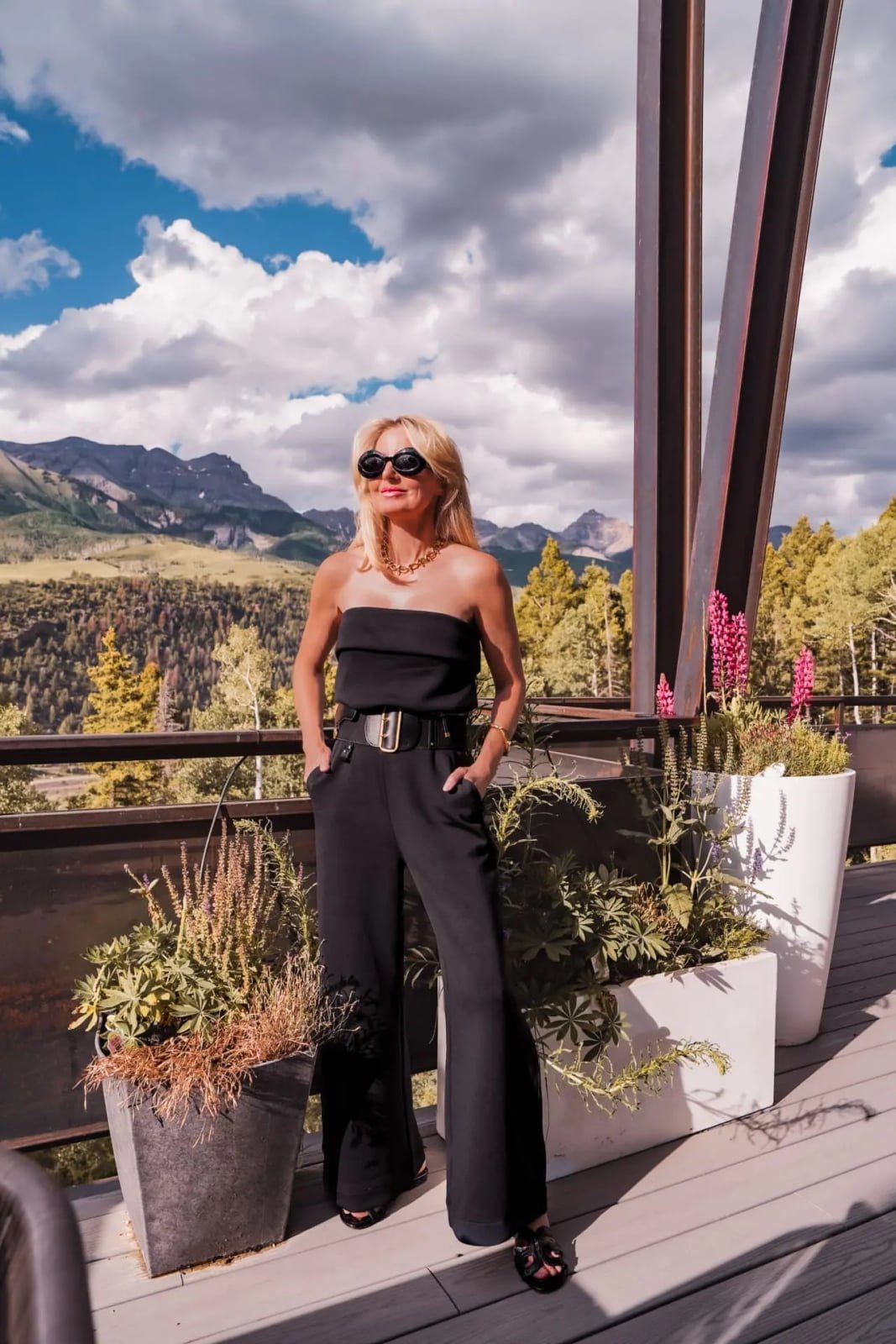 Black Strapless Jumpsuit with Statement Gold Belt — Trendy Black Outfits