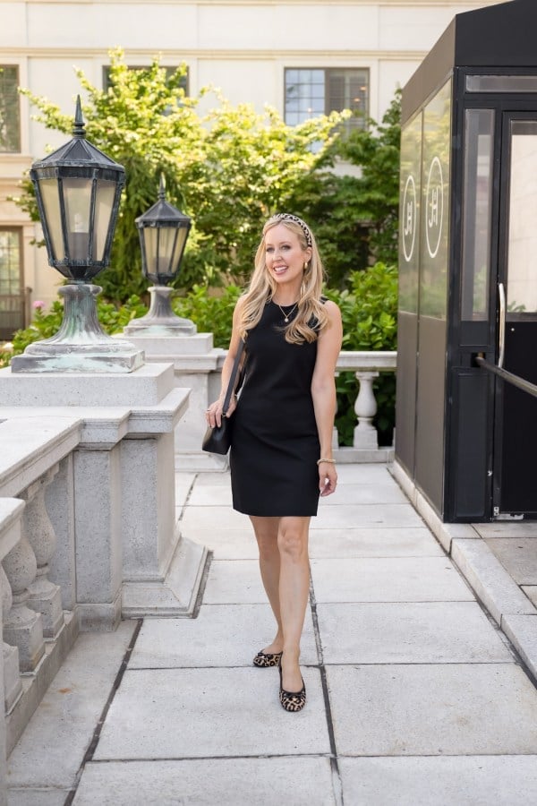 Black Shift Dress with Leopard Print Flats — Trendy Black Outfits
