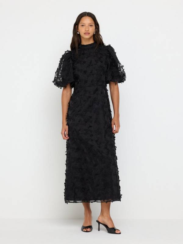 Black Midi Dress with Sheer Puff Sleeves — Trendy Black Outfits