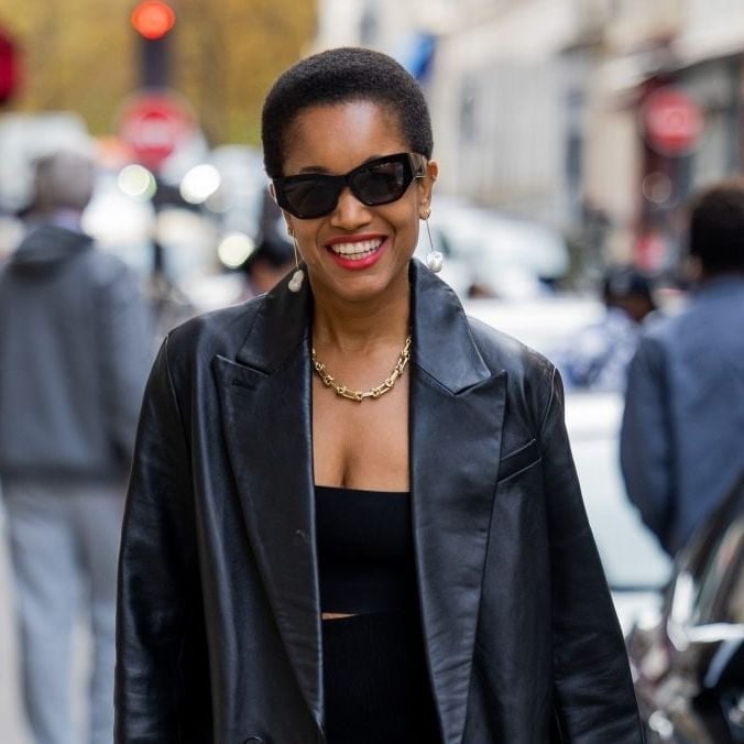 Oversized Black Leather Blazer with Bandeau Top — Trendy Black Outfits