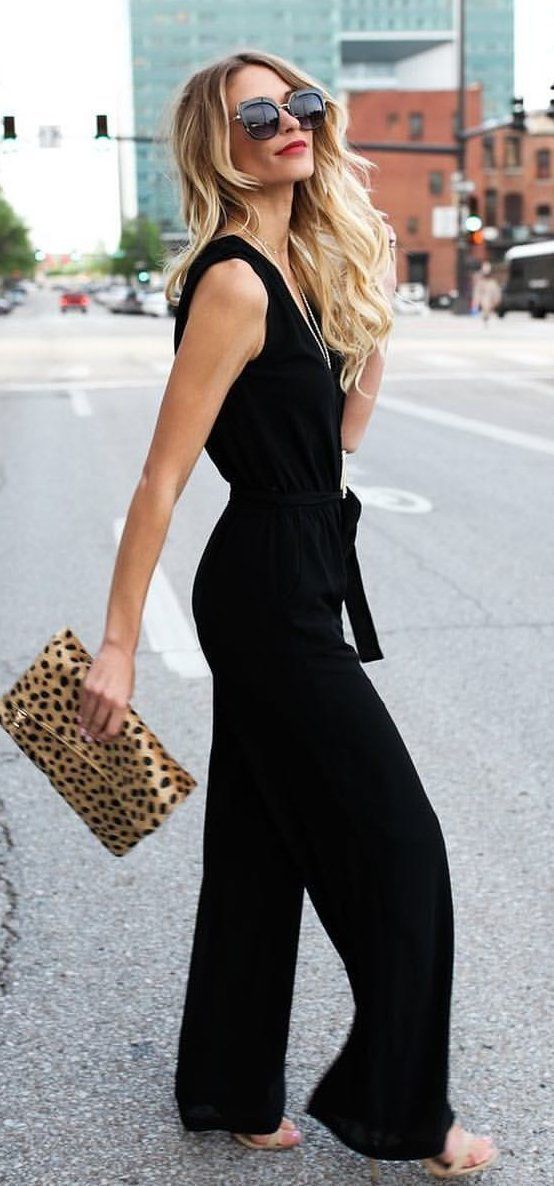 Black Wide-Leg Jumpsuit with Leopard Print Clutch — Trendy Black Outfits