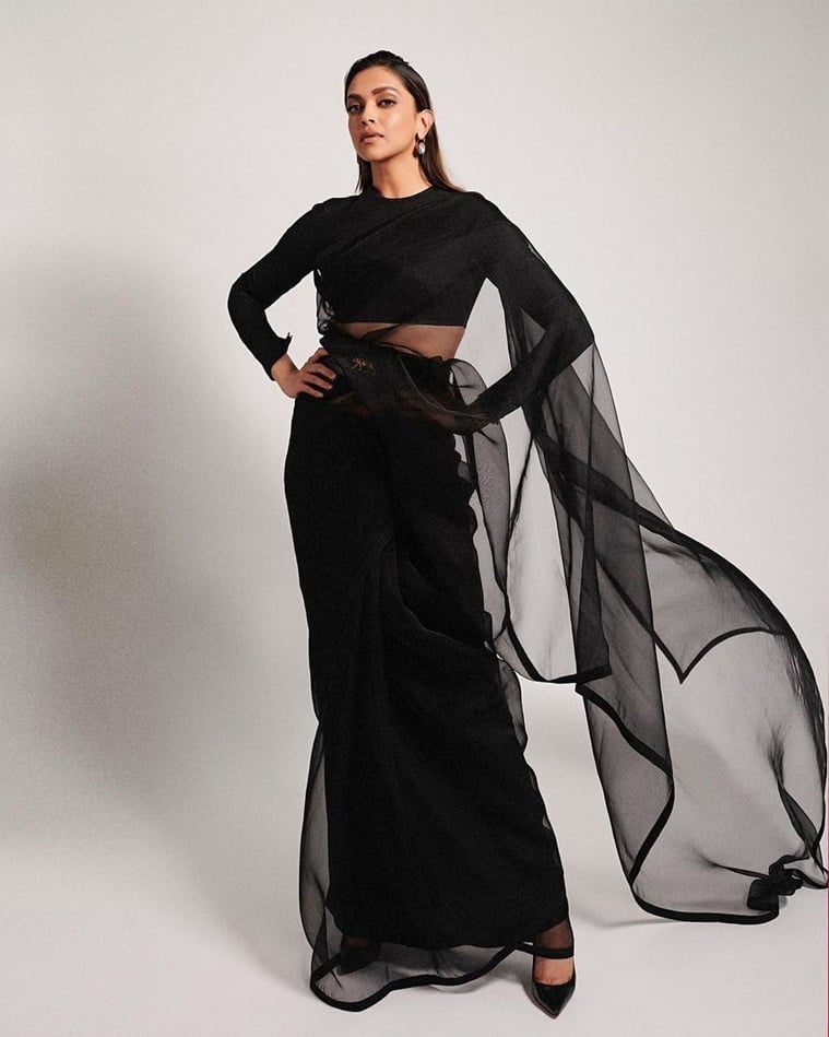 Fitted Black Saree with Sheer Dupatta for Formal Events — Trendy Black Outfits
