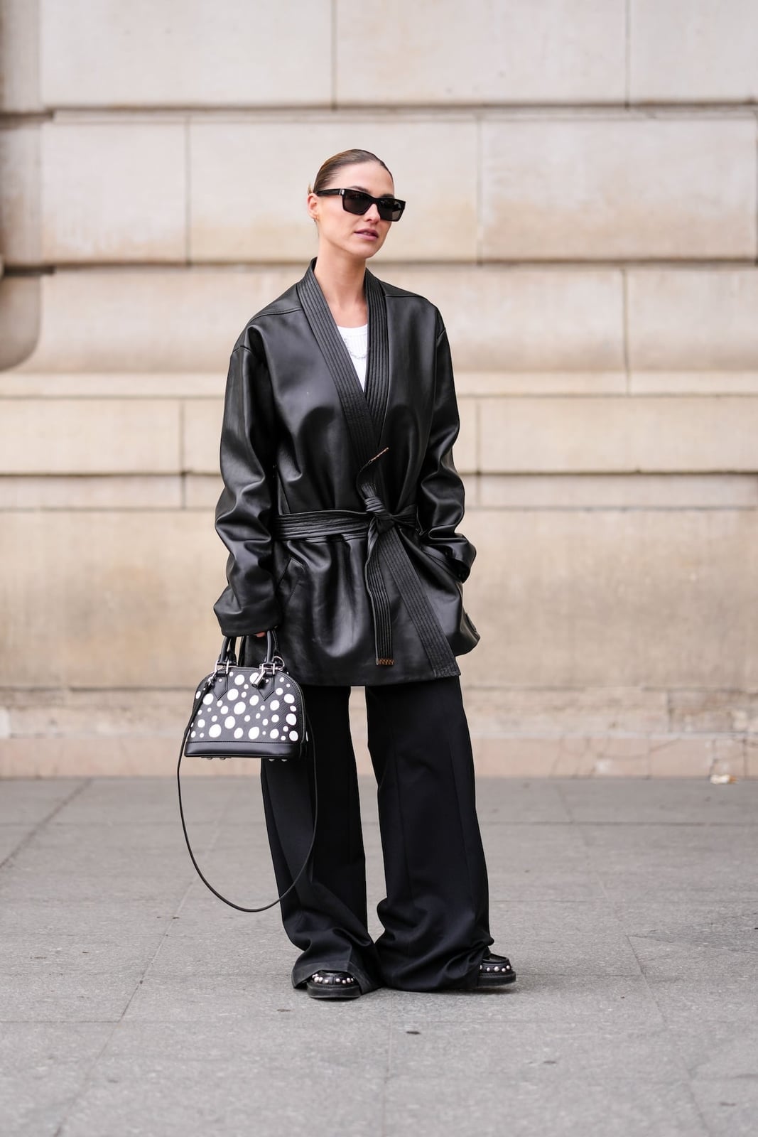 Black Wide Leg Trousers with a Leather Wrap Jacket Black Wide Leg Trousers with a Leather Wrap Jacket — Trendy Black Trousers Outfit